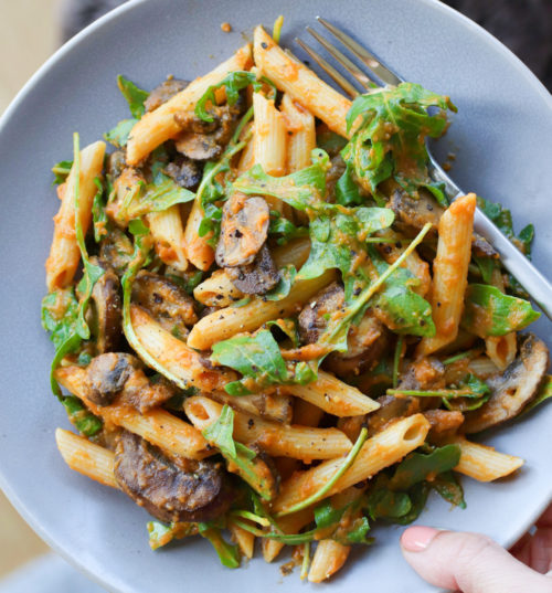 Dairy Free Pumpkin Pasta with Mushrooms and Arugula - Spinach for Breakfast